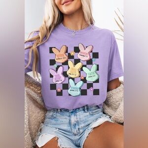 Pastel Lavender Easter Bunny Bible Verses Checkered Print Graphic Tee (S-3X)